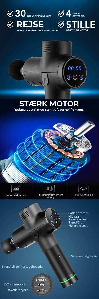 EliteGun Pro massagepistol - 30 intensitetsniveauer, rejsetaske og 6 massagehoveder